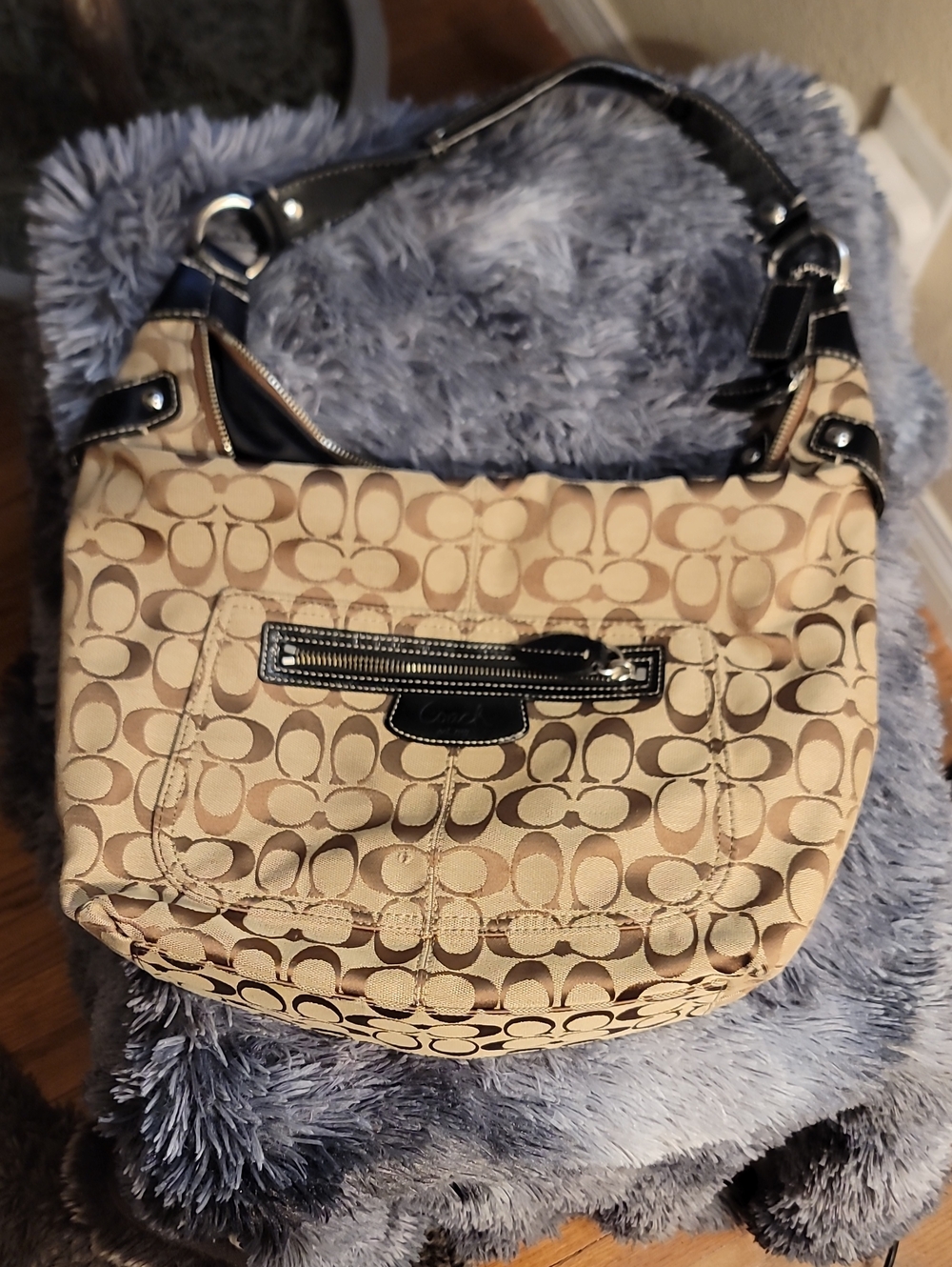Coach Khaki Signature Canvas Shoulder Bag with Black Trim